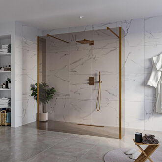 FortiFura Galeria Vrijstaande Inloopdouche - 180x200cm - Rookglas - antikalk - 8mm veiligheidsglas - 2 zijwanden 30cm - wandsteunen en hoekprofielen - Geborsteld koper PVD (Koper) SW927772 2x/SW797943/SW797930 2x/SW876703 2x Koper geborsteld