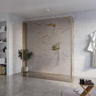 FortiFura Galeria Vrijstaande Inloopdouche - 180x200cm - Rookglas - antikalk - 8mm veiligheidsglas - 2 zijwanden 30cm - wandsteunen en hoekprofielen - Geborsteld Messing PVD (Goud) SW927770 2x/SW797943/SW797930 2x/SW798731 2x Messing geborsteld (goud)