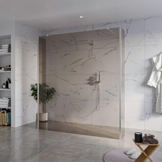 FortiFura Galeria Vrijstaande Inloopdouche - 180x200cm - Rookglas - antikalk - 8mm veiligheidsglas - 2 zijwanden 30cm - wandsteunen en hoekprofielen - Geborsteld RVS PVD (RVS) SW927769 2x/SW797943/SW797930 2x/SW798730 2x RVS geborsteld