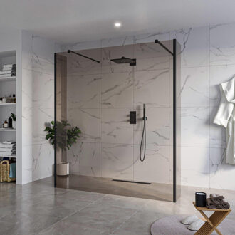 FortiFura Galeria Vrijstaande Inloopdouche - 180x200cm - Rookglas - antikalk - 8mm veiligheidsglas - 2 zijwanden 40cm - wandsteunen en hoekprofielen - Zwart mat SW927767 2x/SW797943/SW797934 2x/SW358025 2x