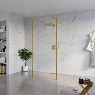 FortiFura Galeria Vrijstaande Inloopdouche - 90x200cm - Helder - antikalk - 8mm veiligheidsglas - 2 zijwanden 30cm - wandsteunen en hoekprofielen - Geborsteld Messing PVD (Goud) SW927770 2x/SW797926/SW797909 2x/SW798731 2x Messing geborsteld (goud)