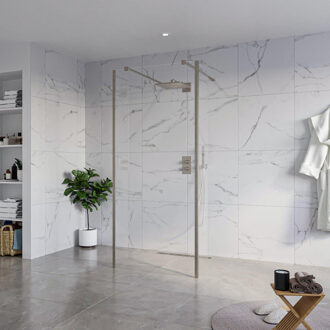 FortiFura Galeria Vrijstaande Inloopdouche - 90x200cm - Helder - antikalk - 8mm veiligheidsglas - 2 zijwanden 40cm - wandsteunen en hoekprofielen - Geborsteld Gunmetal PVD SW927771 2x/SW797926/SW797911 2x/SW798732 2x Gunmetal geborsteld (antraciet)