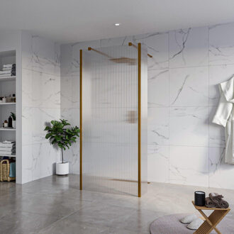 FortiFura Galeria Vrijstaande Inloopdouche - 90x200cm - Helder geribbeld - antikalk - 8mm veiligheidsglas - 2 zijwanden 30cm - wandsteunen en hoekprofielen - Geborsteld koper PVD (Koper) SW927772 2x/SW797951/SW797945 2x/SW876703 2x Koper geborsteld