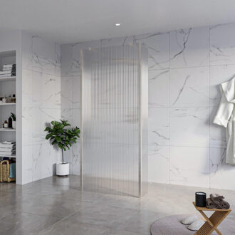 FortiFura Galeria Vrijstaande Inloopdouche - 90x200cm - Helder geribbeld - antikalk - 8mm veiligheidsglas - 2 zijwanden 30cm - wandsteunen en hoekprofielen - Geborsteld RVS PVD (RVS) SW927769 2x/SW797951/SW797945 2x/SW798730 2x RVS geborsteld