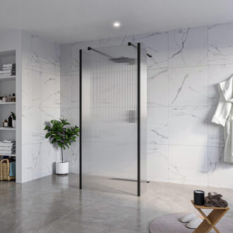FortiFura Galeria Vrijstaande Inloopdouche - 90x200cm - Helder geribbeld - antikalk - 8mm veiligheidsglas - 2 zijwanden 40cm - wandsteunen en hoekprofielen - Zwart mat SW927767 2x/SW797951/SW797948 2x/SW358025 2x