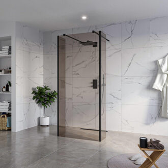 FortiFura Galeria Vrijstaande Inloopdouche - 90x200cm - Rookglas - antikalk - 8mm veiligheidsglas - 2 zijwanden 40cm - wandsteunen en hoekprofielen - Zwart mat SW927767 2x/SW797938/SW797934 2x/SW358025 2x