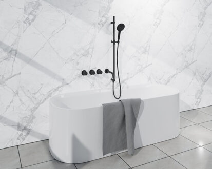 FortiFura Nebbio Badcombinatie-set - thermostaatkraan - glijstang - geïntegreerde wandaansluitbocht - gladde doucheslang - ronde handdouche - uitloop - mat zwart SW1183065 SW1111528 SW706210 SW496816 SW1183076 SW Zwart mat