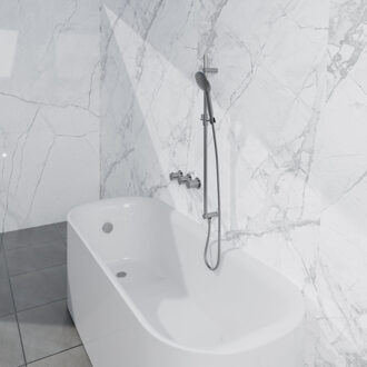 FortiFura Nebbio Badcombinatie-set - thermostaatkraan - glijstang met geïntegreerde wandaansluitbocht - gladde doucheslang - ronde handdouche - badvulcombinatie - geborsteld RVS PVD (RVS) SW1183066 SW1111529 SW728177 SW799447 SW1108811 SW RVS geborsteld