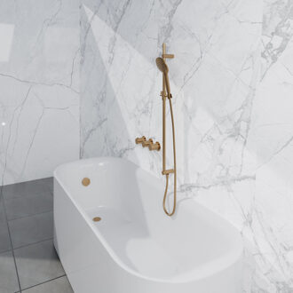 FortiFura Nebbio Badcombinatie-set - thermostaatkraan - glijstang met geïntegreerde wandaansluitbocht - metalen doucheslang - ronde handdouche - badvulcombinatie - geborsteld messing PVD (goud) SW1183067 SW1111531 SW706206 SW799449 SW1108811 SW Messing geborsteld (