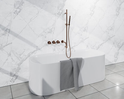 FortiFura Nebbio Badcombinatie-set - thermostaatkraan - glijstang met geïntegreerde wandaansluitbocht - metalen doucheslang - staaf handdouche - uitloop - geborsteld koper PVD (koper) SW1183069 SW1111533 SW970048 SW970046 SW1183076 SW Koper geborsteld