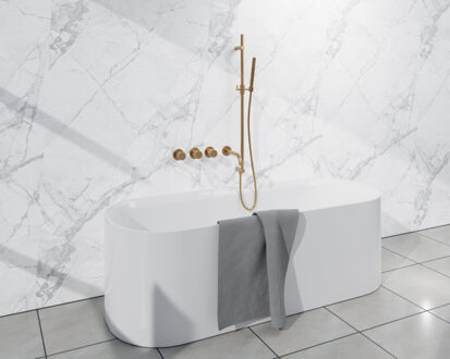 FortiFura Nebbio Badcombinatie-set - thermostaatkraan - glijstang met geïntegreerde wandaansluitbocht - metalen doucheslang - staaf handdouche - uitloop - geborsteld messing PVD (goud) SW1183067 SW1111531 SW706206 SW720570 SW1183076 SW Messing geborsteld (goud)