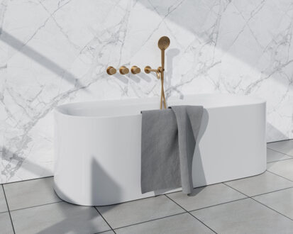 FortiFura Nebbio Badcombinatie-set - thermostaatkraan - wandaansluitbocht met handdouchehouder - gladde doucheslang - ronde handdouche - uitloop - geborsteld messing SW1183067 2x SW1183076 2x SW1183080 SW720569 SW728 Messing geborsteld (goud)