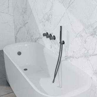 FortiFura Nebbio Badcombinatie-set - thermostaatkraan - wandaansluitbocht met handdouchehouder - gladde doucheslang - staaf handdouche - badvulcombinatie - geborsteld gunmetal PVD SW1183068 SW1183076 SW1183081 SW766536 SW721165 SW Gunmetal geborsteld (antraciet)