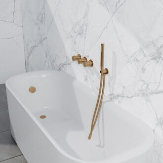 FortiFura Nebbio Badcombinatie-set - thermostaatkraan - wandaansluitbocht met handdouchehouder - gladde doucheslang - staaf handdouche - badvulcombinatie - geborsteld messing PVD (goud) SW1183067 SW1183076 SW1183080 SW720569 SW728176 SW Messing geborsteld (goud)