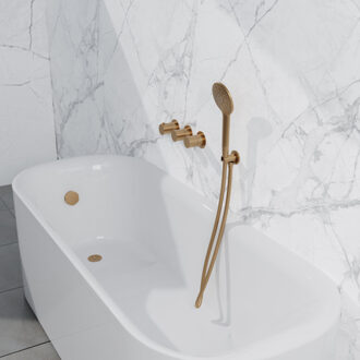 FortiFura Nebbio Badcombinatie-set - thermostaatkraan - wandaansluitbocht met handdouchehouder - metalen doucheslang - ronde handdouche - badvulcombinatie - geborsteld messing PVD (goud) SW1183067 SW1183076 SW1183080 SW720569 SW706206 SW Messing geborsteld (goud)