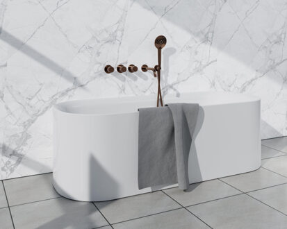 FortiFura Nebbio Badcombinatie-set - thermostaatkraan - wandaansluitbocht met handdouchehouder - metalen doucheslang - ronde handdouche - uitloop - geborsteld koper SW1183069 2x SW1183076 2x SW1183082 SW970045 SW970 Koper geborsteld