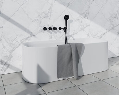 FortiFura Nebbio Badcombinatie-set - thermostaatkraan - wandaansluitbocht met handdouchehouder - metalen doucheslang - ronde handdouche - uitloop - mat zwart SW1183065 2x SW1183076 2x SW1183078 SW542644 SW706 Zwart mat