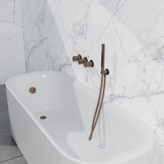 FortiFura Nebbio Badcombinatie-set - thermostaatkraan - wandaansluitbocht met handdouchehouder - metalen doucheslang - staaf handdouche - badvulcombinatie - geborsteld koper PVD (koper) SW1183069 SW1183076 SW1183082 SW970045 SW970048 SW Koper geborsteld