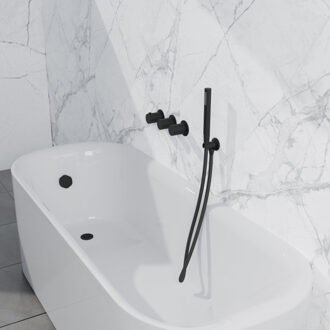 FortiFura Nebbio Badcombinatie-set - thermostaatkraan - wandaansluitbocht met handdouchehouder - metalen doucheslang - staaf handdouche - badvulcombinatie - mat zwart SW1183065 SW1183076 SW1183078 SW542644 SW706203 SW Zwart mat