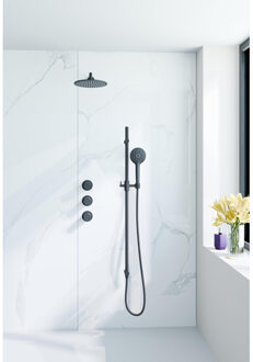 FortiFura Nebbio Regendoucheset - inbouwkraan - inbouwdeel - glijstang - doucheslang metaal - ronde handdouche - 35cm wandarm - 30cm ronde hoofddouche - zwart mat SW1183065 SW1111528 SW706203 SW496816 SW720560 SW1