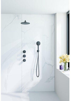 FortiFura Nebbio Regendoucheset - inbouwkraan - inbouwdeel - wandaansluitbocht - doucheslang glad - ronde handdouche - 35cm wandarm - 30cm ronde hoofddouche - zwart mat SW1183065 SW1183078 SW542644 SW706210 SW496816 SW7