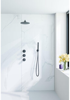 FortiFura Nebbio Regendoucheset - inbouwkraan - inbouwdeel - wandaansluitbocht- doucheslang metaal - staafhanddouche - 35cm wandarm - 30cm ronde hoofddouche - mat zwart SW1183065 SW1183078 SW542644 SW706203 SW496811 SW7 Zwart mat