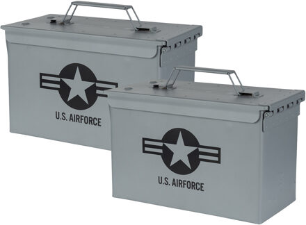 Fosco Industries Decoratie opberg box - 2x - munitiekist - grijs - 30 x 15 cm - US AirForce