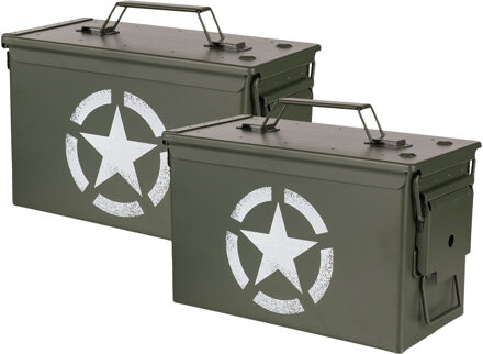 Fosco Industries Decoratie opberg box - 2x - munitiekist - groen - 30 x 15 cm - US Army
