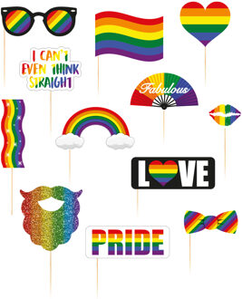 Foto prop set - gay pride - 12-delig - regenboog/rainbow vlag - LHBTI/LGBTQ photo booth accessoires