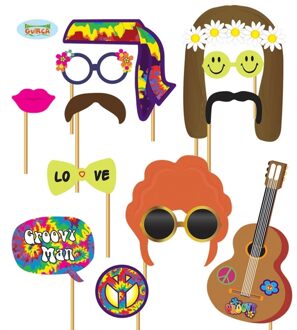 Foto props set flower power/hippie - 12 delig - Selfies maken - foto stokjes Multi