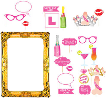 Foto props set met frame - vrijgezellenfeestje - 21-delig - photo booth - goud - party - met frame