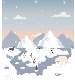 Fotobehang Ijsberen, Pinguins En Zeehonden In De Sneeuw Blauw En Wit