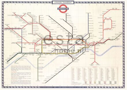 fotobehang Lodon transport map beige, rood en blauw