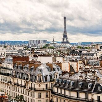 fotobehang Parijs city view beige en grijs Blauw