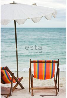 fotobehang strand zeegroen en oranje Blauw