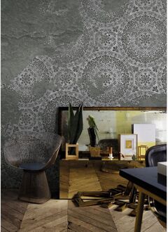 Fotobehang Vanilla Lime 14364 Mandala Cirkels - Grijs - Groen - 2,70m X 300cm