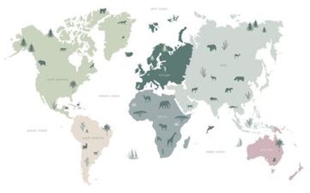 fotobehang wereldkaart voor kinderen mintgroen, grijs en roze Blauw