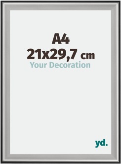 Fotolijst A4 - 21x29,7 cm - Zwart Zilver Gepolijst - Hout - Birmingham - 21x29.7 cm