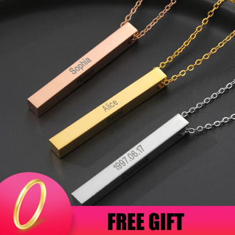 Four Sides Engraving Personalized Square Bar Custom Name Necklace Gold Chain Stainless Steel Pendant Necklace Women/Men Gift BFF