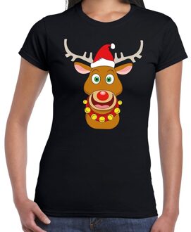 Fout Kerstmis shirt zwart met rendier Rudolf rode muts M - kerst t-shirts