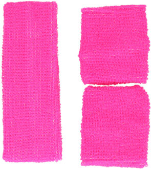 Foute 80s/90s party verkleed accessoire zweetbandjes set - neon roze - jaren 80/90 thema feestje