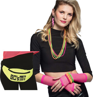 Foute 80s/90s party verkleed set compleet - dames - fluor geel - jaren 80/90 verkleed accessoires