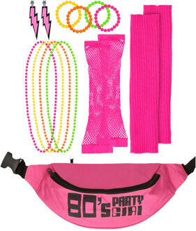 Foute 80s/90s party verkleed set compleet - dames - fluor roze - jaren 80/90 verkleed accessoires