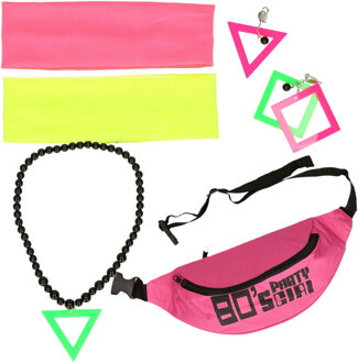 Foute 80s/90s party verkleed set compleet - dames - neon roze - jaren 80/90 verkleed accessoires