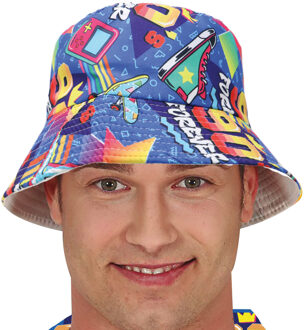 Foute 80s/90s print party vissershoedje - blauw - jaren 80/90 verkleed accessoires - volwassenen