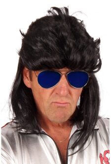 Foute jaren 80 verkleed pruik - zwart - met matje in de nek - voor heren