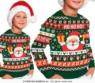 Foute Kerst Sweater Ho Ho Ho! Kerstman Groen Kind Multikleur - Print