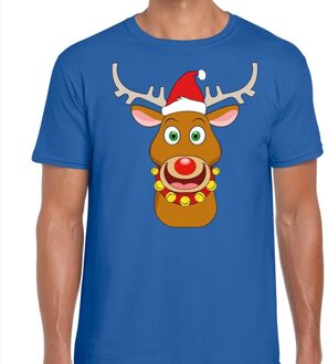 Foute Kerstmis shirt blauw met Ruldolf het rendier met rode muts voor heren M - kerst t-shirts