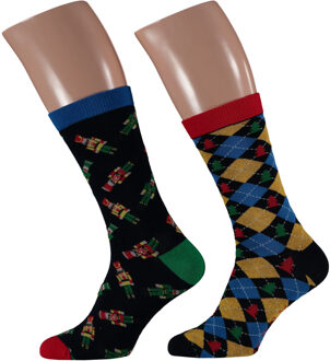 Foute kerstsokken - 2x paar - notenkrakers - maat 41-46 - voor heren - sokken Multi