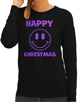Foute kersttrui dames - Happy Christmas - zwart - glitter paars XL